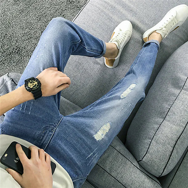 Ripped Slim Fit Cropped Jeans for Men