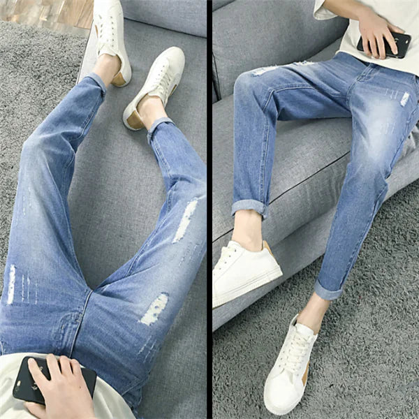 Ripped Slim Fit Cropped Jeans for Men