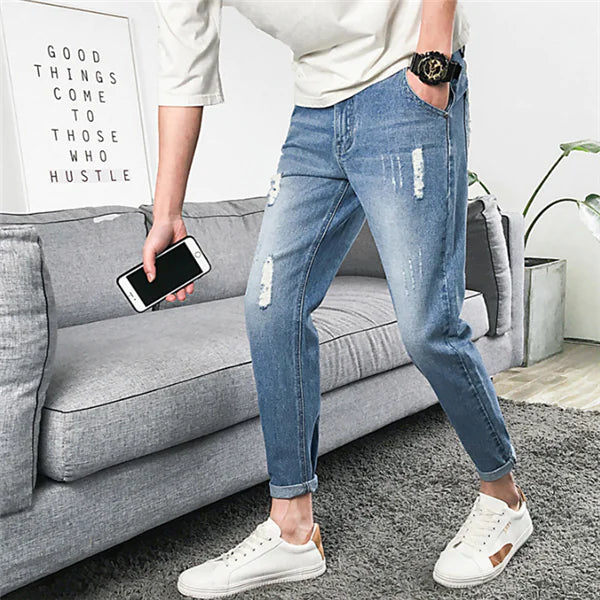 Ripped Slim Fit Cropped Jeans for Men