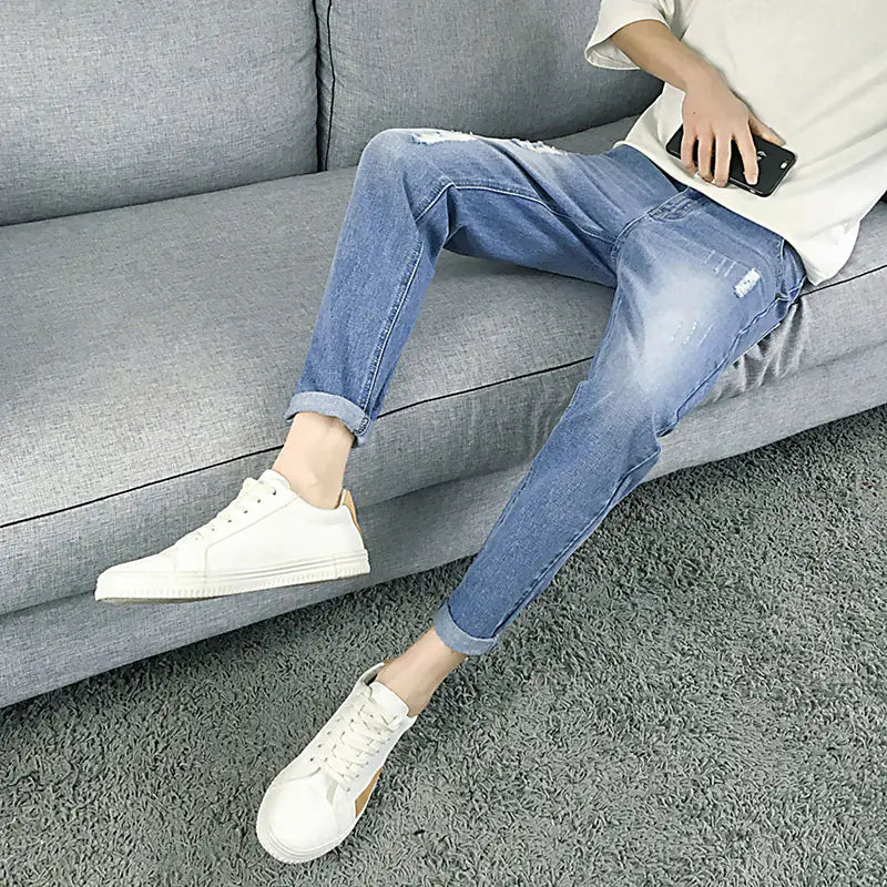 Ripped Slim Fit Cropped Jeans for Men