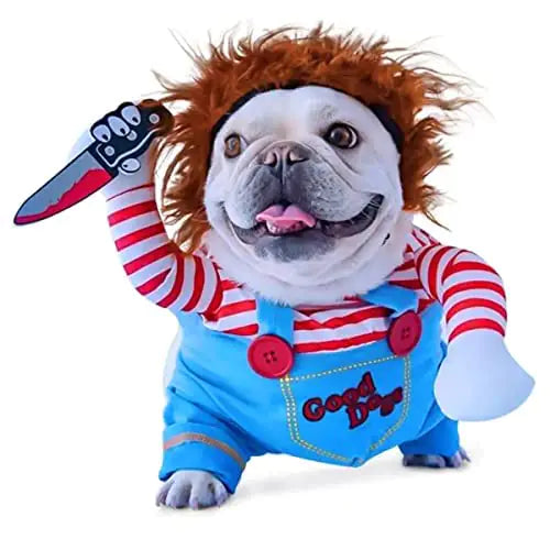 Chucky Deadly Pet Dog Costume Halloween Clothes Wig and Knife Novelty Funny Scary Props Outfit Apparel Accessories (X-Large pet Costume)