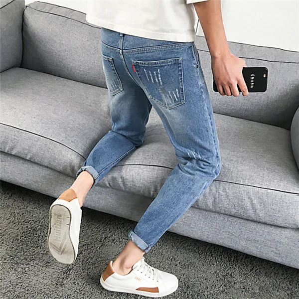 Ripped Slim Fit Cropped Jeans for Men