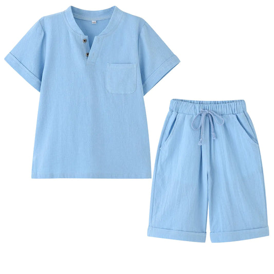 Boys T-shirt and Shorts Set Cotton Linen Summer Short Sleeve Children Two Pieces Clothing Sets (Blue 10-12)