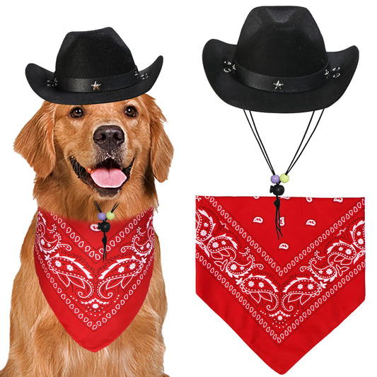 Dog Halloween Costumes Dog Cowboy Costume Halloween Dog Cowboy Hat Halloween Dog Bandana Scarf Funny Dog Halloween Costumes for Small Medium Large Dogs Pets (Black Hat & Red Bandana Large)